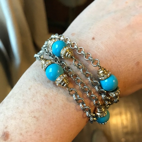 Turquoise, Rhinestone, Gold & Silver Bracelet - Picture 2 of 5